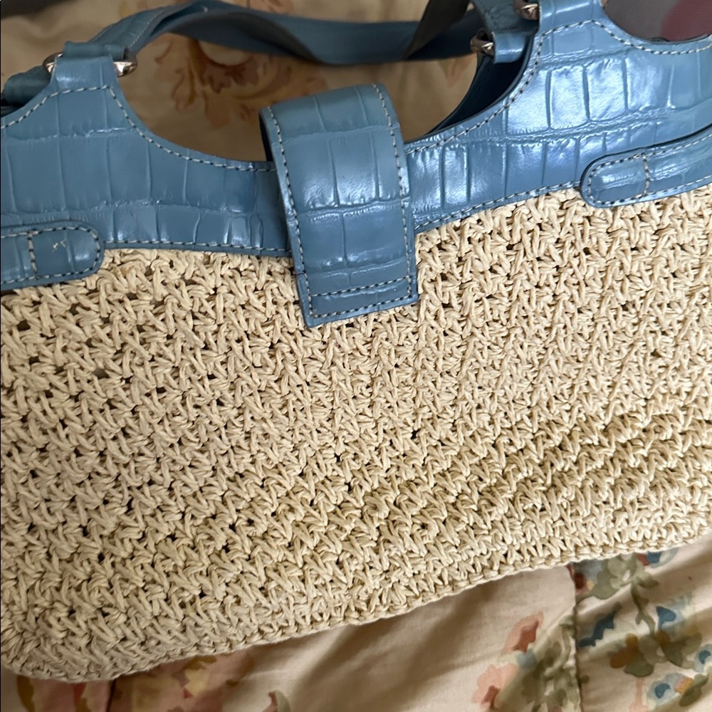 Brighton wheat woven purse with blue leather trim Women's Handbag - Picture 8 of 9